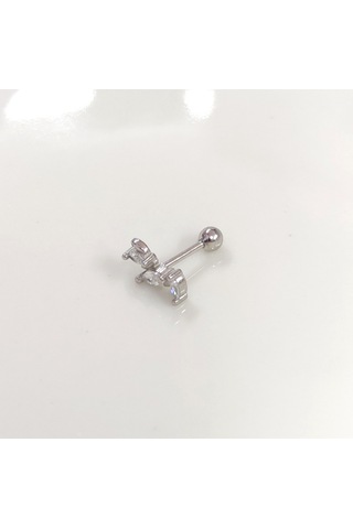 Üç Taş Mekik Gümüş Tragus Pıercıng - Rodyum Beyaz Beyaz