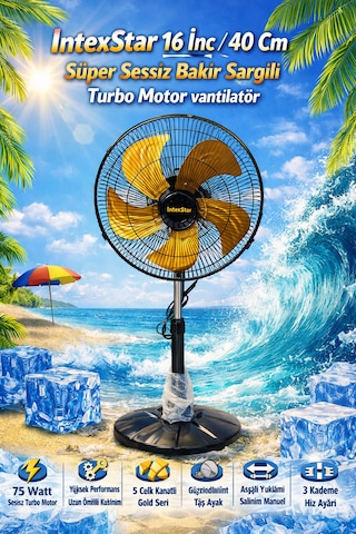 İntexstar 16 İnç 40 Cm Süper Sessiz Bakır Sargılı Turbo Motor İle Yüksek Hava Sürgülasyonu 75watt