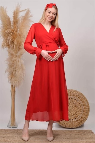 Kadın Beyaz Baby Shower Şifon Hamile Elbise Dphml003 Kırmızı