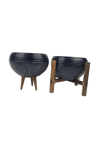 Bitki Tasarımı Ev Dekorasyon Siyah Granit Küp Aranjman Saksı Saksılık Salon Çiçeklik İkili Set 3 Ayaklı-4 Ayaklı 19 CM