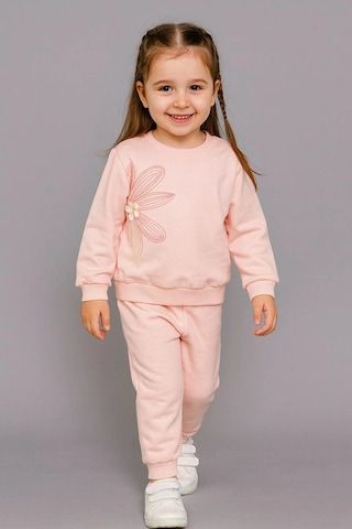 Büyük Çiçek Nakışlı %100 Pamuk 2 Li Çocuk Eşofman Takımı SOMON