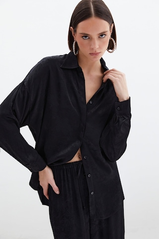 Sateen Jakarlı Saten Gömlek - Siyah-136036 Siyah