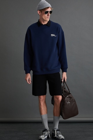 Grimelange Ernest Erkek Yumuşacık Içi Polarlı Baskı Detaylı Organik Pamuk Oversize Lacivert Sweatshirt