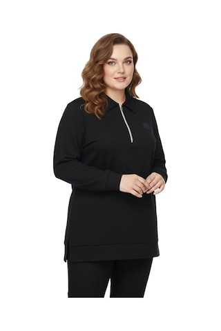 Caftan Kadın Polo Yakalı Önü Fermuarlı Bluz Bgl-st05088 Siyah