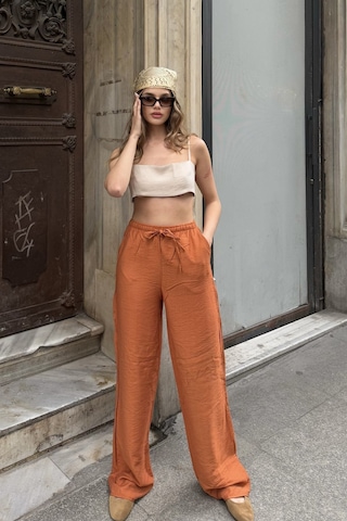 Pembe Keten Karışımlı Bol Kesim Pantolon Kiremit