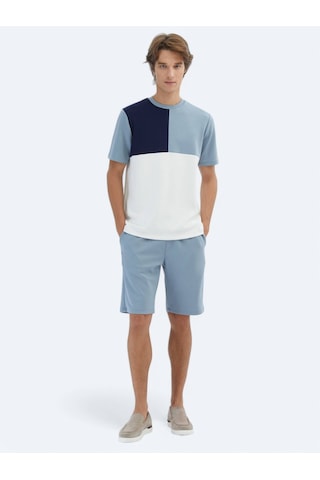 Mavi Düz Bisiklet Yaka T-shirt Mavi