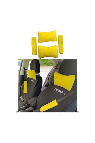 Peluş Ortopedik Araba Seyahat Boyun Yastığı Emniyet Kemer Pedi Seti Sarı Renk