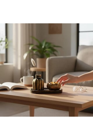 Mireva Lotus Tealight Mumluk Ve Mini Vazo Seti Dekoratif Tepsi Üzerinde Altın Renk Mumluk Seti, Masa & Sehpa Ev Dekoru, Meditasyon Ve Spa Dekorasyon Siyah