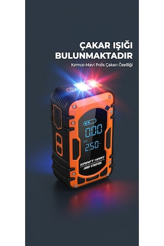 Kraft Hart Akü Takviye Cihazı 4'ü 1 Arada Powerbank, Hava Kompresörü, Lcd Ekran, 12.000mah 150psı Akü Takviye Cihazı