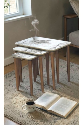 Msy Home Venüs Modern 3 Lü Zigon,orta,yan Sehpa Mdf İç İçe Geçen Pratik Sehpa Seti Beyaz Mermer