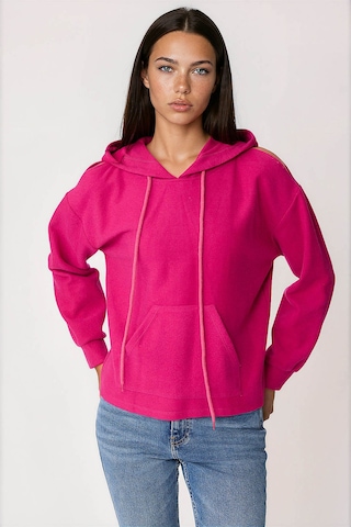 Vitrin Omuz Dekolteli Kanguru Cep Kapüşonlu Sweatshirt Fuşya