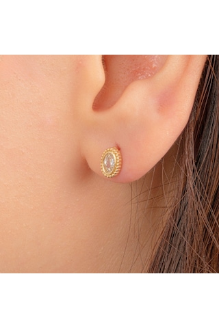 Altın Küpe - 14 Ayar Altın Oval Taşlı Tasarım Küpe Sarı