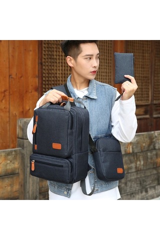 Fastbuy Dış Mekan Seyahati İçin 3'lü Set: Dikişli Laptop Sırt Çantası, Orta Çanta, Küçük Cep - Mavi Mavi MAVİ