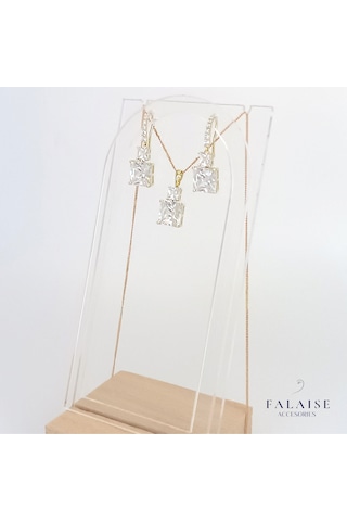 2 Kare Taşlı Kolye&küpe Seti - Altın Altın