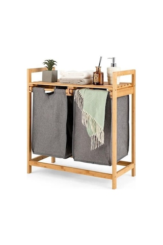 Bambu Ayaklı Çamaşır Sepeti 2 Bölmeli 64 X 33 X 73 Cm - Demonte Bambu