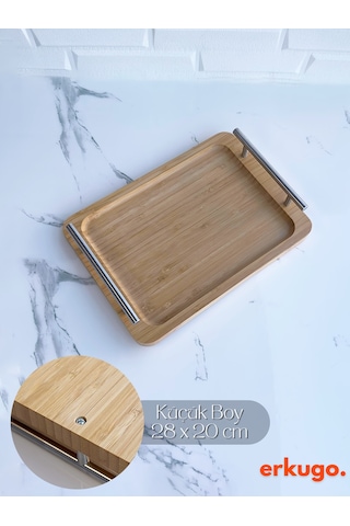 Küçük Boy Bambu Tepsi, Metal Kulplu Tepsi, Kulplu Tepsi, Servis Tepsisi 28 X 20 Cm Kahverengi