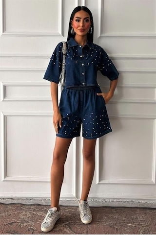 Taş Detaylı Gömlek Şort Denim Takım 10175 Deni M
