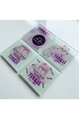 Decorita Cam Bardak Altlığı Burçlar - Terazi Burcu 4'lü Takım Çok Renkli