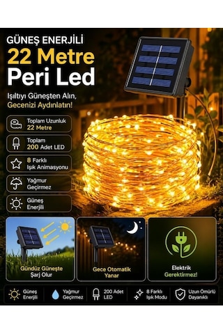 Güneş Enerjili 22 Metre Peri Led Işık 200 Led 8 Mod Dış Mekan Ağaç Balkon Solar Bahçe Aydınlatma Diğer