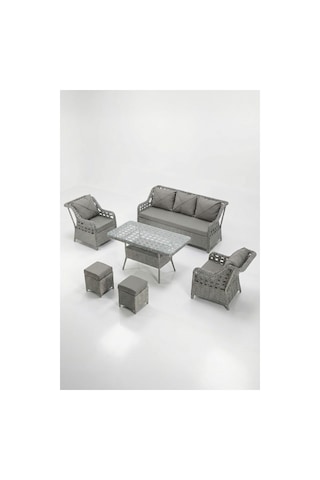 Dora Garden Home Ecem 7 Kişilik 3+1+1 2 Adet Puff Hediyeli Rattan Bahçe Takımı Açık Gri Siyah Çizgili