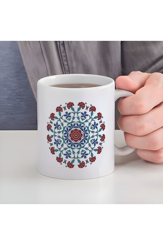 Karanfilli Çini Deseni Baskılı Porselen Kupa Bardak Yıkanabilir Çıkmaz Kaliteli Baskı Seramik