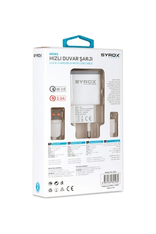 Syrox Q20 Şarj Aleti Micro Usb Kablo Set 2.0A - Beyaz (303964239)