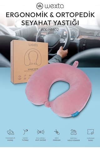 Wexta Seyahat Boyun Yastığı Comfort Ortopedik Seyahat Yastığı Visco Pembe