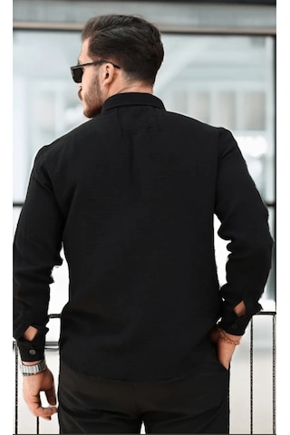 Erkek Müslin Kumaş Uzun Kol Yakalı Siyah Gömlek Siyah