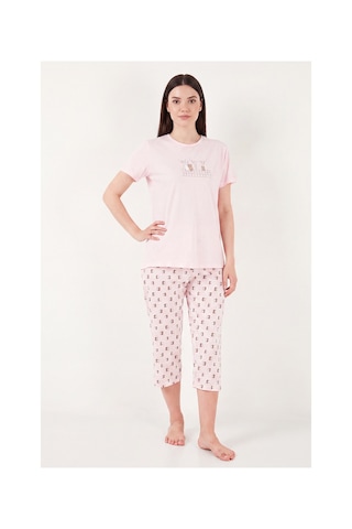 Lela Desenli Pamuklu Bisiklet Yaka Kaprili Pijama Takımı Bayan Pijama Takımı 65790787 Pudra