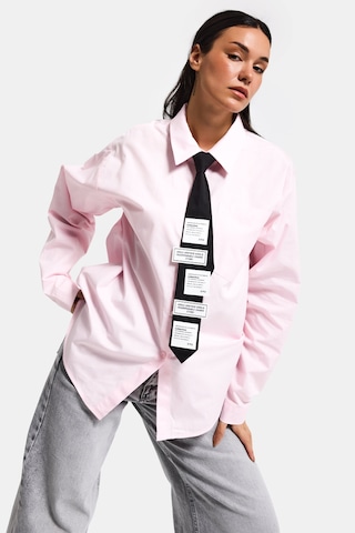 Itsbasic Kadın Pembe Renk Oversize Kravatlı Özel Tasarım Bol Kesim Gömlek