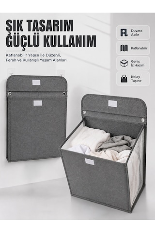 Duvara Asılabilir Katlanabilir Kirli Çamaşır Sepeti Geniş Hacimli Düzenleyici Çr