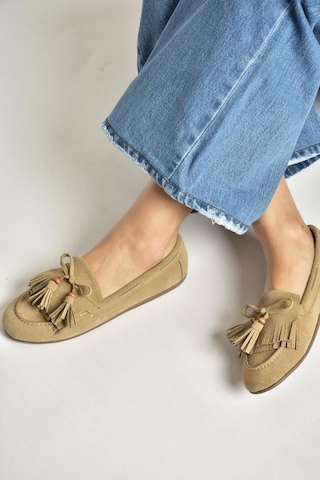 Fox Shoes Y996271002 Bej Süet Püskül Detaylı Kadın Babet Bej