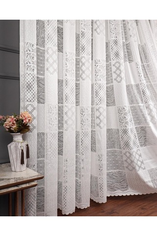 Taç Patchwork Desen Örme Tül Perde, 1/3 Sık Pile, Tek Kanat, Ekru
