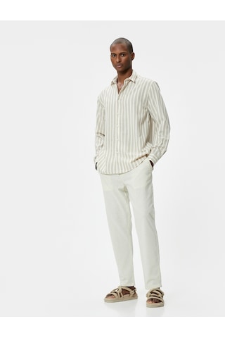Koton Slim Fit Gömlek Uzun Kollu Klasik Yaka Düğmeli Bej Çizgili 4sam60155hw Ekru