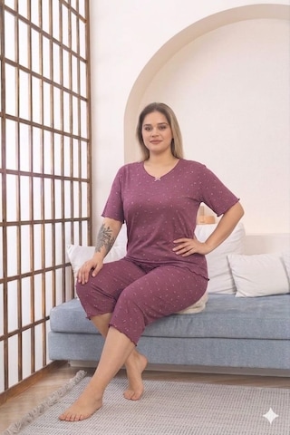 Büyük Beden Kısa Kol Pamuklu Ultrasoft Likralı Kapri Pijama Takımı 8652 GÜL KURUSU