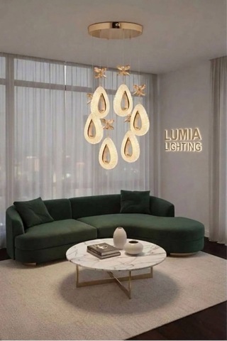 Lumia Lighting Damla Model 6'lı Gümüş Kumandalı 3 Renk Modu Ledli Kristal Taşlı Modern Salon Mutfak Oturma Odası Led Avize Gold