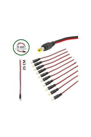 10 Adet Dc Power Jack Kablosu 25 Cm Düz Erkek Çoklu Set Kamera Modem Led Adaptör Güç Bağlantı Kablosu