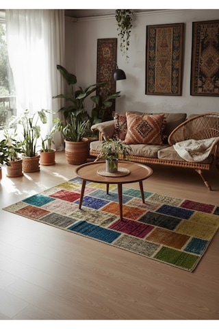 Modern Bohem Stil Vintage Halı Özel Tasarım Renkli Patchwork Koleksiyonu Çok Renkli