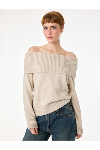 Koton Uzun Kollu Omzu Açık Triko Kazak Bej 6wal90134ht Ekru