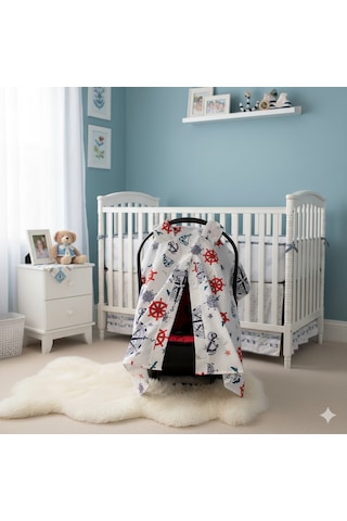 Denizci Temalı Bebek Puset Örtüsü Çapa & Dümen Desenli Çıt Çıtlı Puset Örtüsü Açık Mavi