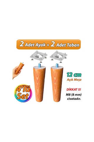Ahşap Ayak 12 Cm 4'lü Set Açık Meşe M8 Civatalı Bağlantı Aparatlı Dolap Mobilya Koltuk Kanepe Destek Ayağı Ayakları Açık Meşe