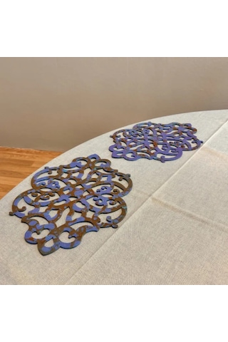 Uretti - Gülin 6449 - Ebru Sanatı İle Elde Yapılmış Lazer Kesim Keçe Supla 2li Takım 40cm - Mavi Mavi