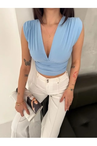 Efnaz Style Vatkalı Kolsuz V Yaka Drapeli Crop Bluz Likralı Fit - Bebek Mavisi