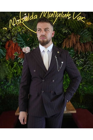 Bys Beystil Sivri Yaka Bordo Çizgili Kruvaze Takım Elbise 53151 - Slim Fit