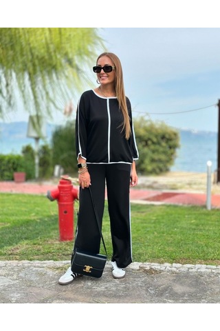 Sensuelle Kadın Bisiklet Yaka Truvakar Kol Biye Detay Bluz Ve Yüksek Bel Lastikli Pantolon Ikili Takım Siyah