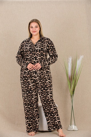 L'ombre Büyük Beden Leopar Desenli Düğmeli Uzun Kol Viskon Pijama Takımı