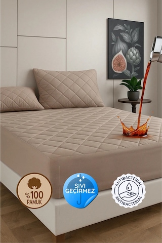 %100 Pamuk Renkli Kapitone Sıvı Geçirmez Alez Çarşaf - Kahverengi