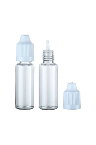100 Adet - 20ml Şeffaf Plastik Likit Şişesi - Iğne Uclu Damlalıklı Pet Şişe, Beyaz Kapaklı