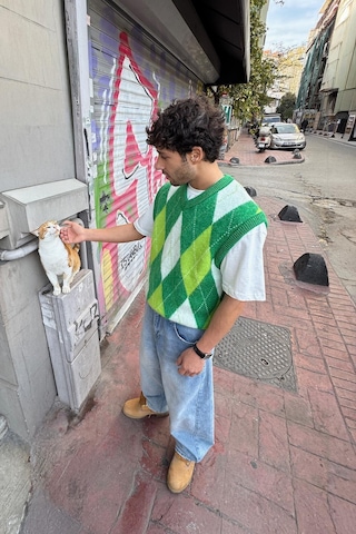 Flaw Baklava Desen Triko Süveter Yeşil Yeşil