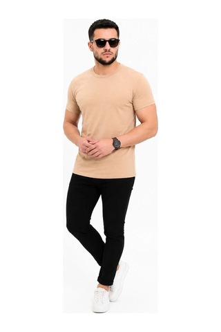 Tarz Yeri Erkek Basic Tişört Bisiklet Yaka Kısa Kol Günlük Yazlık Slim Fit T-shirt - Bej